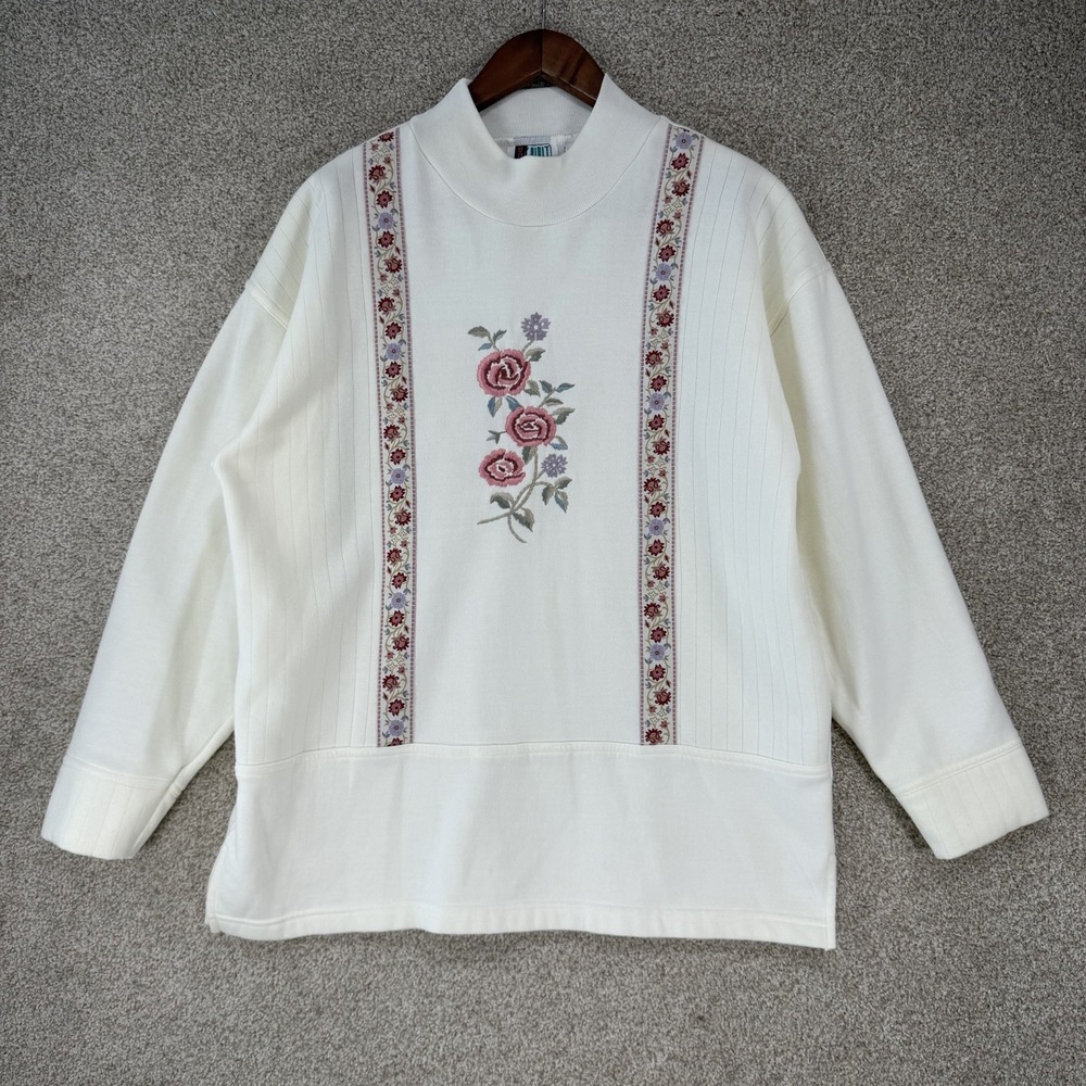 VTG 80s Bolo Spirit Track Top Sweater 10/12 M Embroidered Floral Grannycore